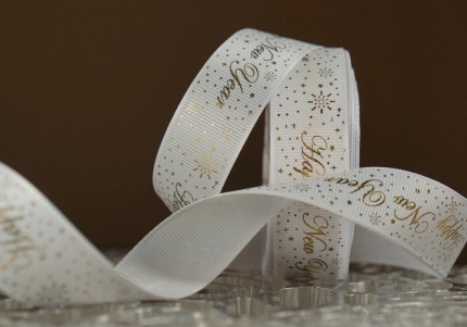 Репсова новорічна стрічка "Happy New Year" з салютом білий (2.5 см *23 м) (1рулон)