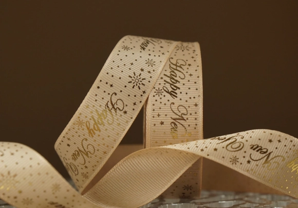 Репсова новорічна стрічка "Happy New Year" з салютом карамельна (2.5 см *23 м) (1рулон)