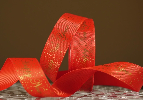 Репсова новорічна стрічка "Happy New Year" з салютом червона (2.5 см *23 м) (1рулон)