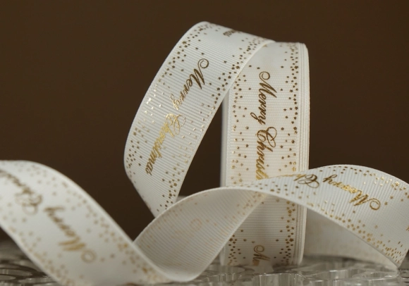 Репсова новорічна стрічка "Merry Christmas" Зірки біла (2,5 см *23 м)(1рулон)