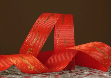 Репсова новорічна стрічка "Merry Christmas" Зірки червона (2,5 см *23 м)(1рулон)