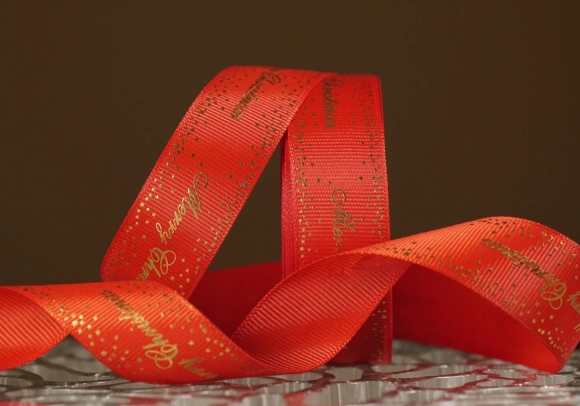 Репсова новорічна стрічка "Merry Christmas" Зірки червона (2,5 см *23 м)(1рулон)