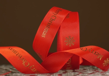 Репсова новорічна стрічка "Merry Christmas" Сніжинка червона (2,5 см *23 м)(1рулон)