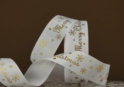 Репсова новорічна стрічка "Merry Christmas" Сніжинки Зірки біла (2,5 см *23 м)(1рулон)