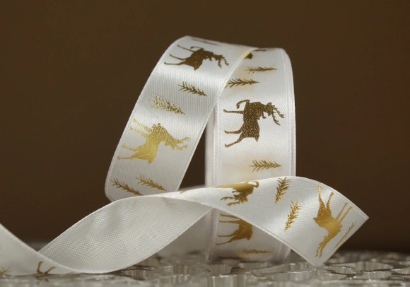 Атласна новорічна стрічка з Оленями та Ялинками біла (2.5 см *23 м) (1рулон)