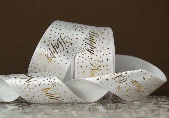 Атласна новорічна стрічка "Happy New Year" з салютом біла (4,0 см *23 м) (1рулон)