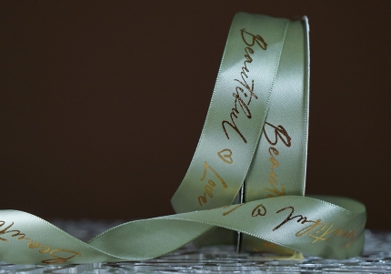 Стрічка атласна з надписом "Beautiful Love" (2,5 см *30 м), оливковий (№081)