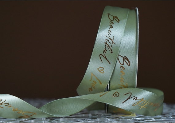 Стрічка атласна з надписом "Beautiful Love" (2,5 см *30 м), оливковий (№081) Стрічка атласна з надписом "Beautiful Love" (2,5 см *30 м), оливковий (№081)