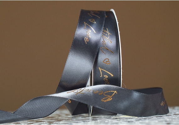 Стрічка атласна з надписом "Beautiful Love" (2,5 см *30 м), графітовий (№121) Стрічка атласна з надписом "Beautiful Love" (2,5 см *30 м), графітовий (№121)