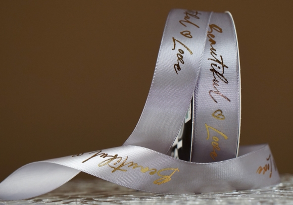 Стрічка атласна з надписом "Beautiful Love" (2,5 см *30 м), сірий (№124)