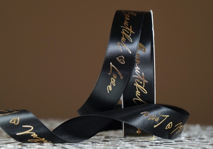 Стрічка атласна з надписом "Beautiful Love" (2,5 см *30 м), чорний (№171)