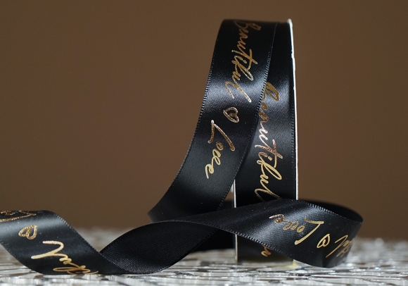 Стрічка атласна з надписом "Beautiful Love" (2,5 см *30 м), чорний (№171)