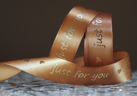 Стрічка атласна з написом "Just for You" (2,5 см *18 м), темно-золотий (№61)