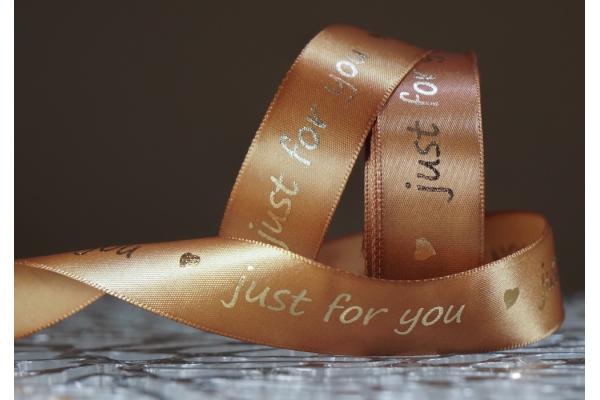Стрічка атласна з написом "Just for You" (2,5 см *18 м), темно-золотий (№61)
