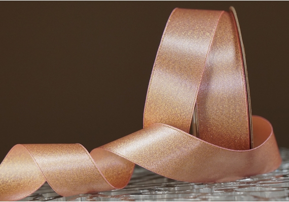 Стрічка двостороння атласна з напиленням "Сяйво" (2,5 см *18 м), рожевий із золотою никою (№123z) Стрічка двостороння атласна з напиленням "Сяйво" (2,5 см *18 м), рожевий із золотою никою (№123z)