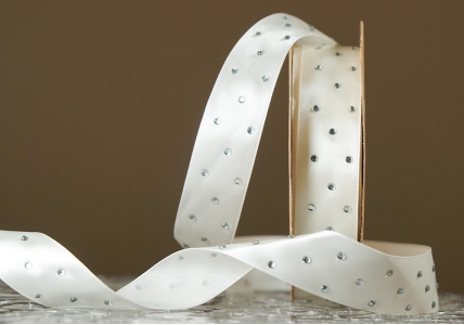 Атласна стрічка зі стразами (2,5 см *18,5 м), молочний (Ivory) (№003) (1рулон)