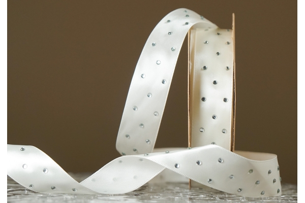 Атласна стрічка зі стразами (2,5 см *18,5 м), молочний (Ivory) (№003) (1рулон)
