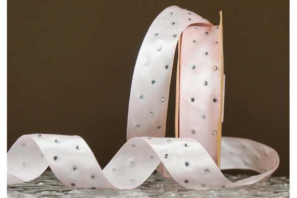 Атласна стрічка зі стразами (2,5 см *18,5 м), світло-рожевий(№010) (1рулон)