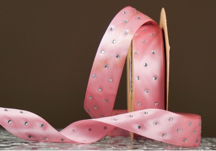 Атласна стрічка зі стразами (2,5 см *18,5 м), рожевий (№026) (1рулон)