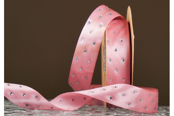 Атласна стрічка зі стразами (2,5 см *18,5 м), рожевий (№026) (1рулон)