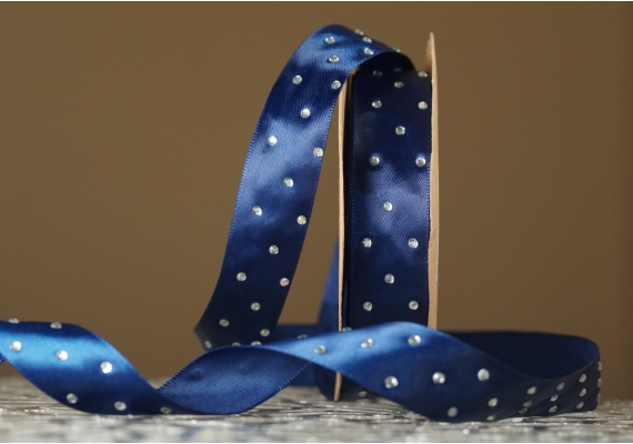 Атласна стрічка зі стразами (2,5 см *18,5 м), темно-синій (№102) (1рулон) Атласна стрічка зі стразами (2,5 см *18,5 м), темно-синій (№102) (1рулон)