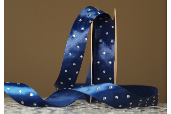 Атласна стрічка зі стразами (2,5 см *18,5 м), темно-синій (№102) (1рулон)