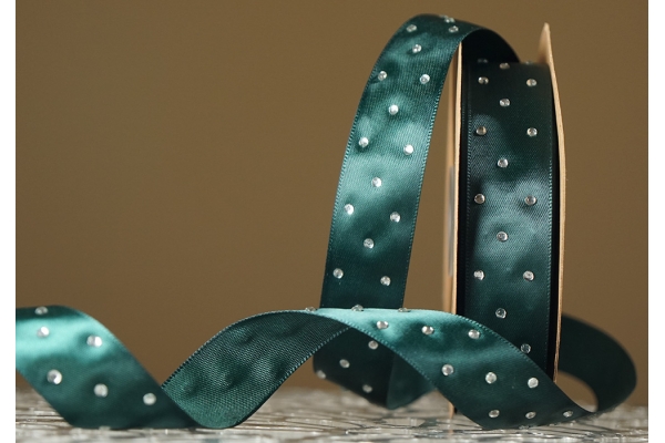 Атласна стрічка зі стразами (2,5 см *18,5 м), темно-зелений (№131) (1рулон)