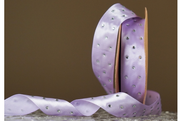 Атласна стрічка зі стразами (2,5 см *18,5 м), бузковий (№136) (1рулон)