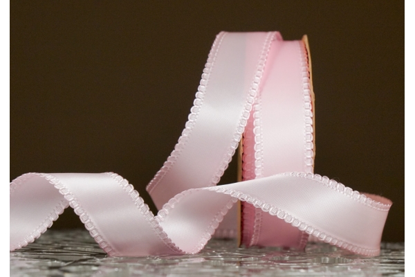 Стрічка двостороння атласна з ажурним кантом (2,5 см *18,5 м), рожевий (№123) (1рулон)