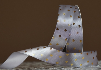 Атласна стрічка з принтом "СЕРЦЕ" (2,5 см *30 м), сірий (№124)