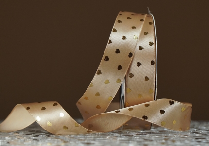 Атласна стрічка з принтом "СЕРЦЕ" (2,5 см *30 м), золотий (№156)