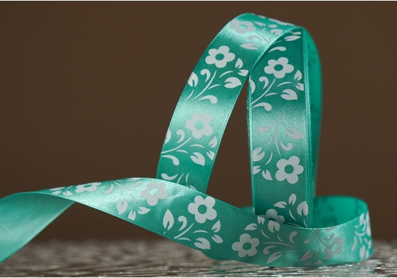 Атласна стрічка з принтом "КВІТИ" (2,5 см *45 м), нефритовий (зелений) (№54m) (1 рулон) Атласна стрічка з принтом "КВІТИ" (2,5 см *45 м), нефритовий (зелений) (№54m) (1 рулон)