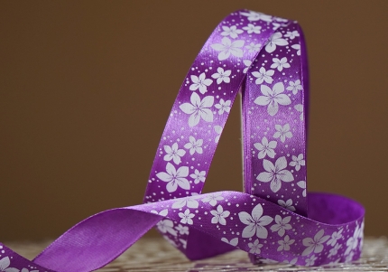 Атласна стрічка з принтом "КВІТИ-2" (2,5 см *45 м), бузковий (насичений)(№198m)(1 рулон)