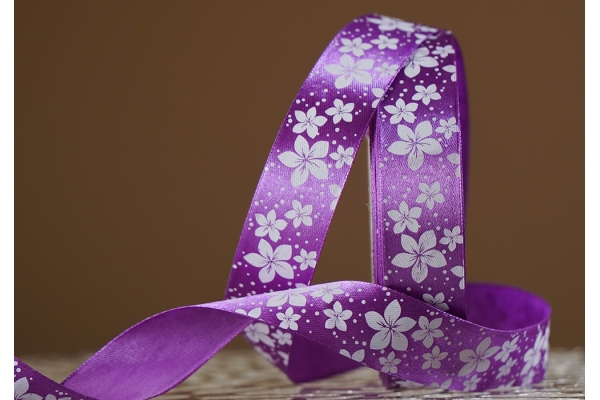 Атласна стрічка з принтом "КВІТИ-2" (2,5 см *45 м), бузковий (насичений)(№198m)(1 рулон)