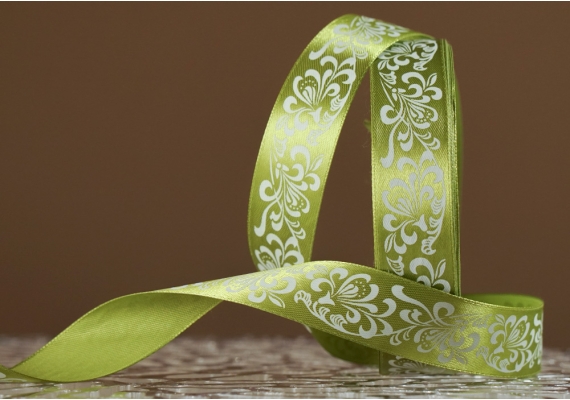 Атласна стрічка з принтом "КВІТИ-3" (2,5 см *45 м), травнево-зелений (№108m)(1 рулон)