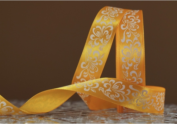 Атласна стрічка з принтом "КВІТИ-3" (2,5 см *45 м), жовтий (№15m)(1 рулон)