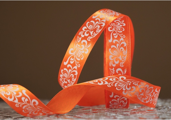 Атласна стрічка з принтом "КВІТИ-3" (2,5 см *45 м), помаранчевий (№151m)(1 рулон)