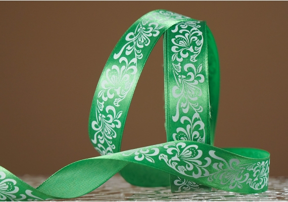 Атласна стрічка з принтом "КВІТИ-3" (2,5 см *45 м), зелений (№19m)(1 рулон)