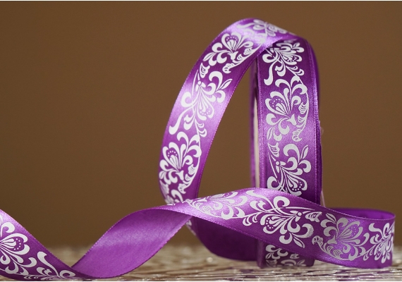 Атласна стрічка з принтом "КВІТИ-3" (2,5 см *45 м), бузковий (насичений) (№198m)(1 рулон)