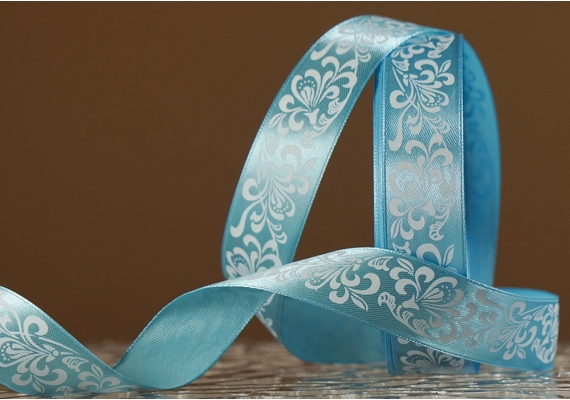 Атласна стрічка з принтом "КВІТИ-3" (2,5 см *45 м), блакитний (№20m)(1 рулон)