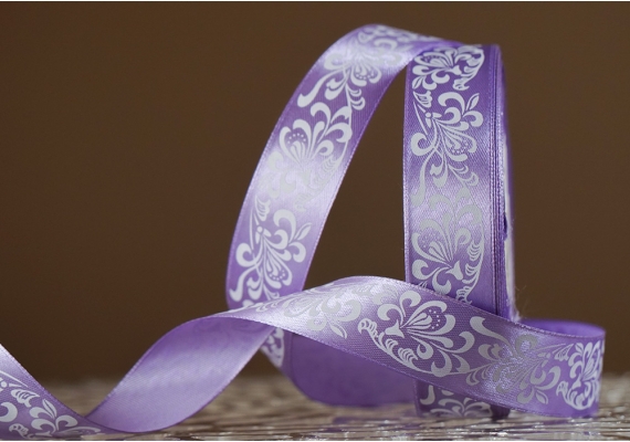 Атласна стрічка з принтом "КВІТИ-3" (2,5 см *45 м), бузковий (№21m)(1 рулон)