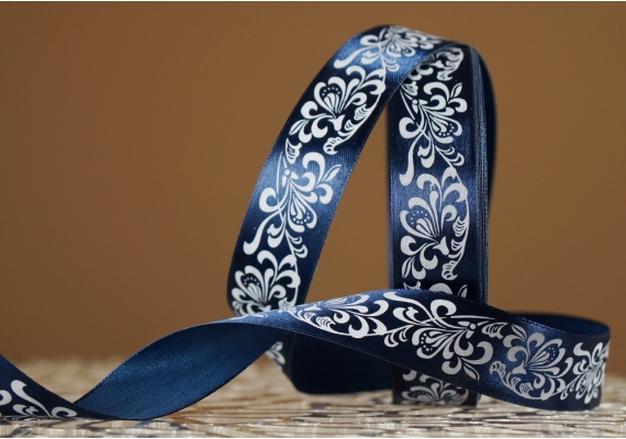 Атласна стрічка з принтом "КВІТИ-3" (2,5 см *45 м), морський-синій (№38m)(1 рулон)