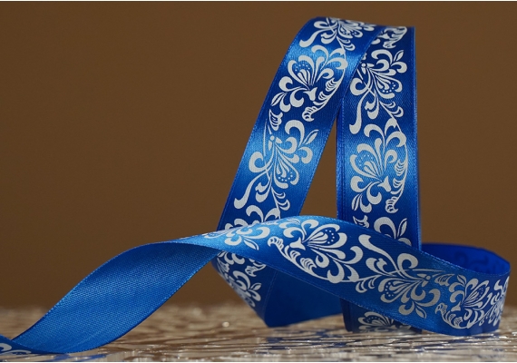 Атласна стрічка з принтом "КВІТИ-3" (2,5 см *45 м), темно-синій (№40m)(1 рулон)