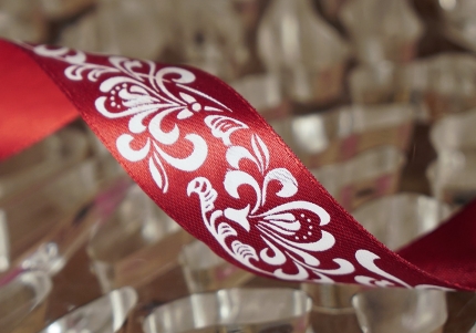 Атласна стрічка з принтом "КВІТИ-3" (2,5 см *45 м), бордовий (№48m)(1 рулон)