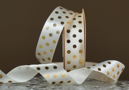 Атласна стрічка з принтом "ГОРОХ" молочний (№18825) (2,5 см *18.5 м)