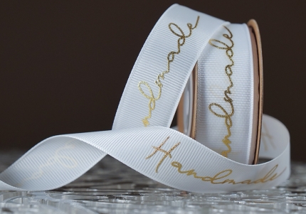 Стрічка репсова з написом "Hand Made" (2,5 см *23 м), білий (№01m) (1рулон)