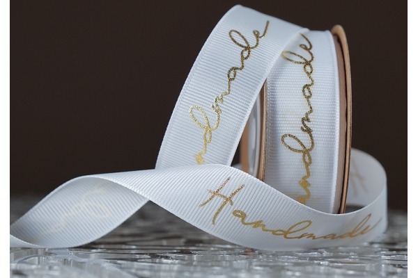 Стрічка репсова з написом "Hand Made" (2,5 см *23 м), білий (№01m) (1рулон)