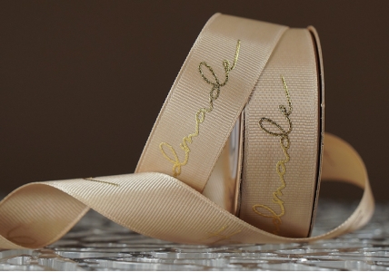 Стрічка репсова з написом "Hand Made" (2,5 см *23 м), кавовий (світло-коричневий) (№67m) (1рулон)