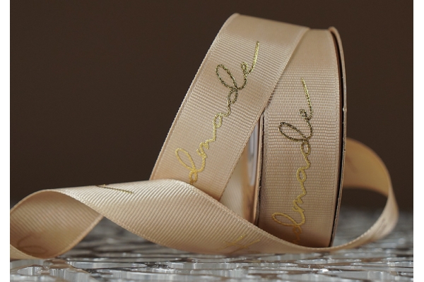 Стрічка репсова з написом "Hand Made" (2,5 см *23 м), кавовий (світло-коричневий) (№67m) (1рулон)