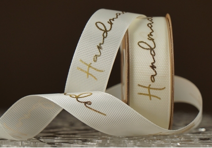 Стрічка репсова з написом "Hand Made" (2,5 см *23 м), молочний (№02m) (1рулон)